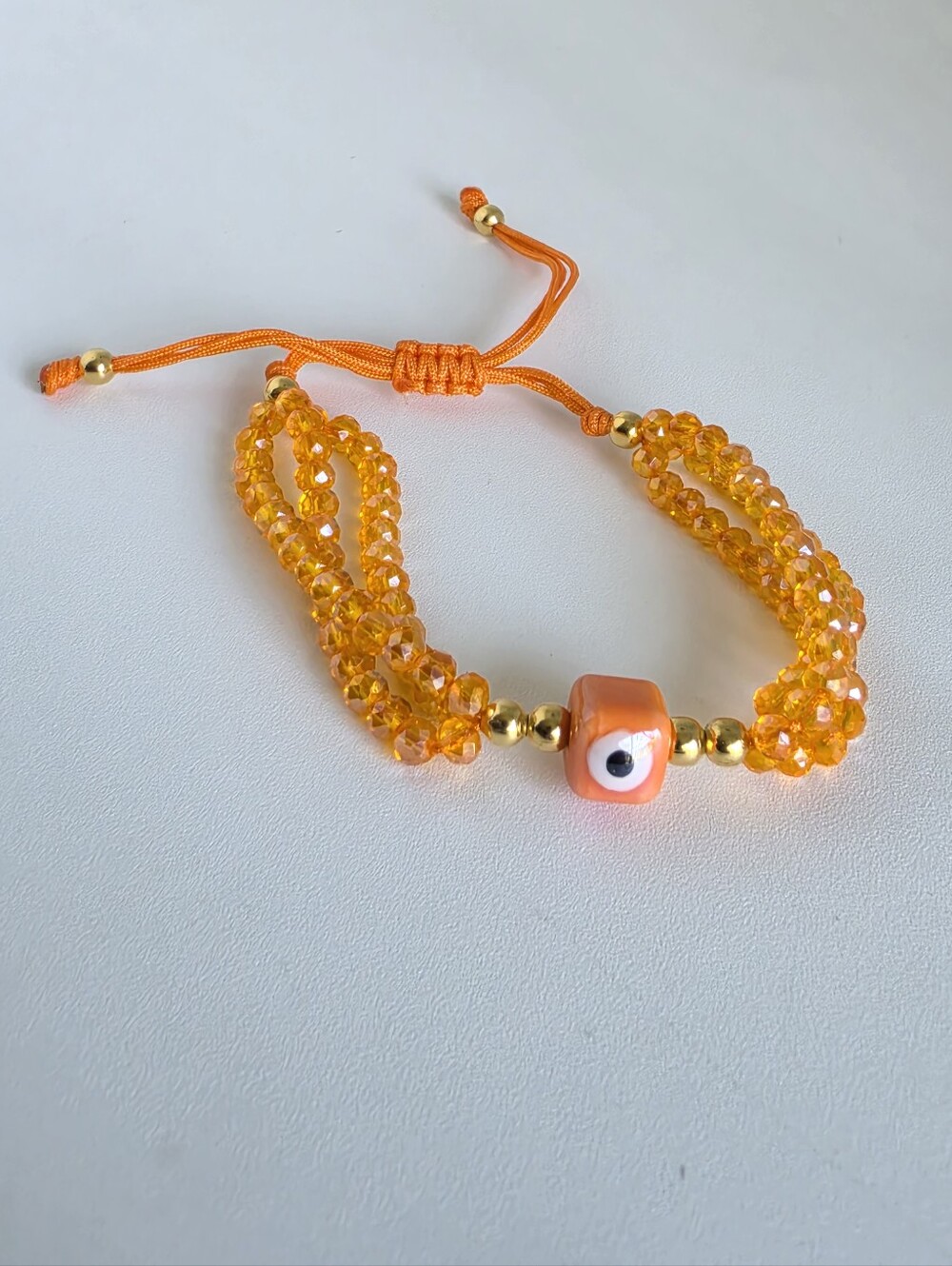 Handmade Orange Crystal Evil Eye Adjustable Bracelet Gold Beaded Boho Lucky